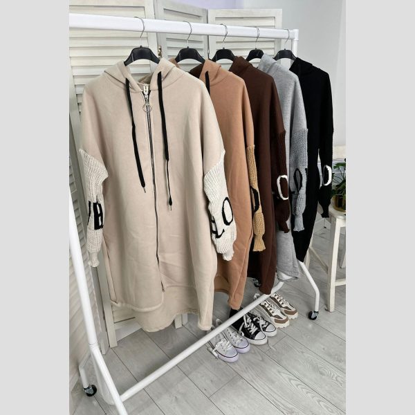 LOVE KNITTED SLEEVE ZIP THROUGH LONG HOODIE COTTON Fit Piece - Image 3