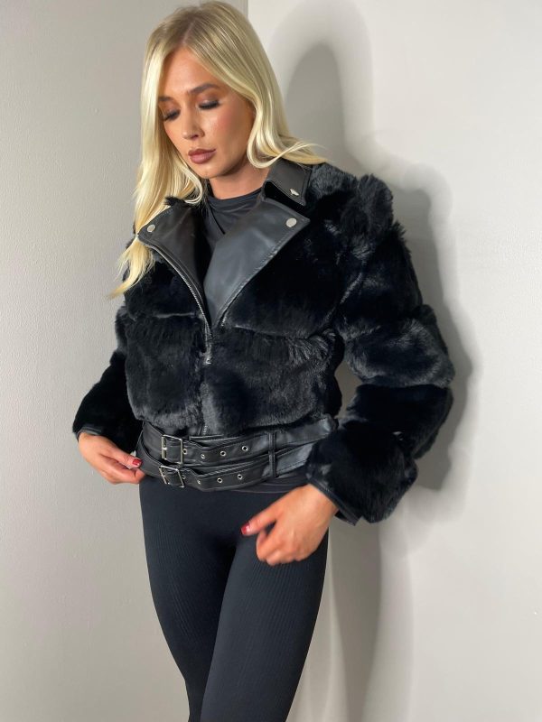 Cropped Faux Fur Jacket with Belt - Image 3