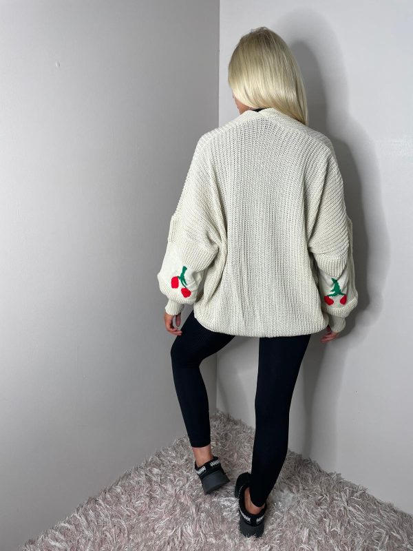 Balloon Sleeve Cardigan Cherry Print Arms Casual Fit - Image 3