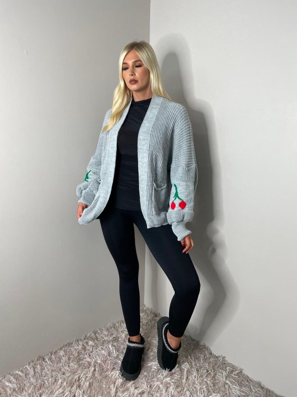 Balloon Sleeve Cardigan Cherry Print Arms Casual Fit - Image 4