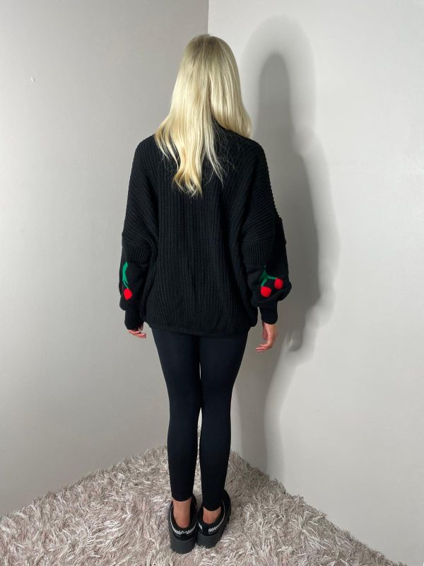 Balloon Sleeve Cardigan Cherry Print Arms Casual Fit - Image 5