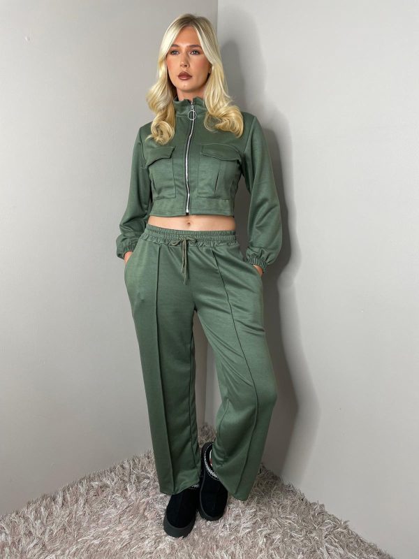 LONG SLEEVE BOMBER JACKET ZIP UP WIDE LEG TROUSER SET - Image 10