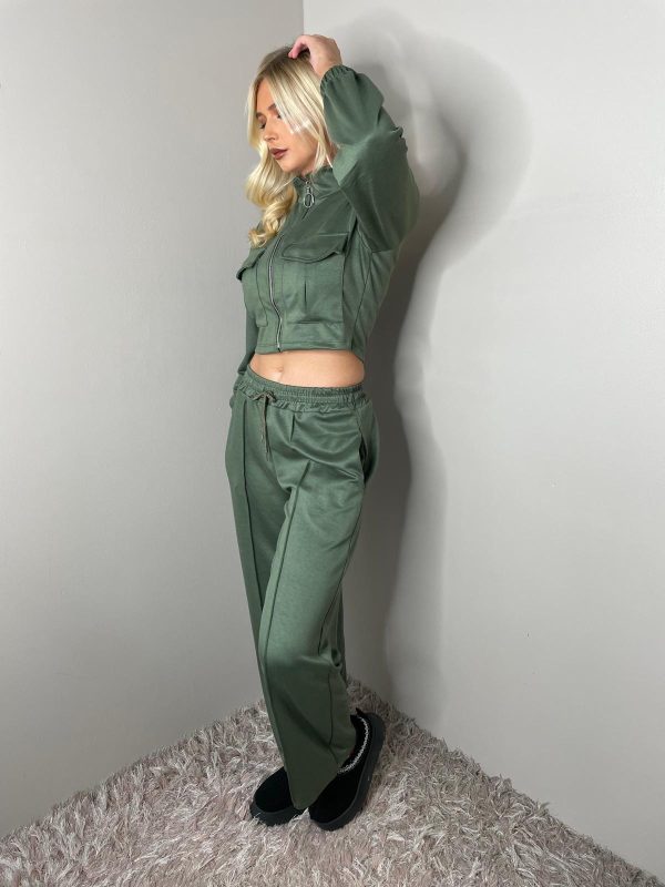 LONG SLEEVE BOMBER JACKET ZIP UP WIDE LEG TROUSER SET - Image 8