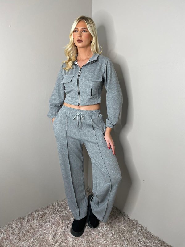 LONG SLEEVE BOMBER JACKET ZIP UP WIDE LEG TROUSER SET - Image 7
