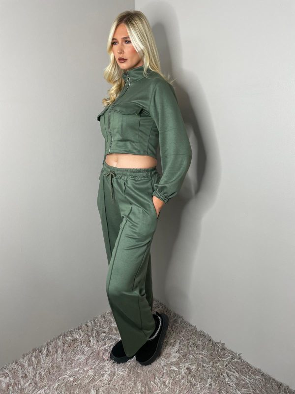 LONG SLEEVE BOMBER JACKET ZIP UP WIDE LEG TROUSER SET - Image 9