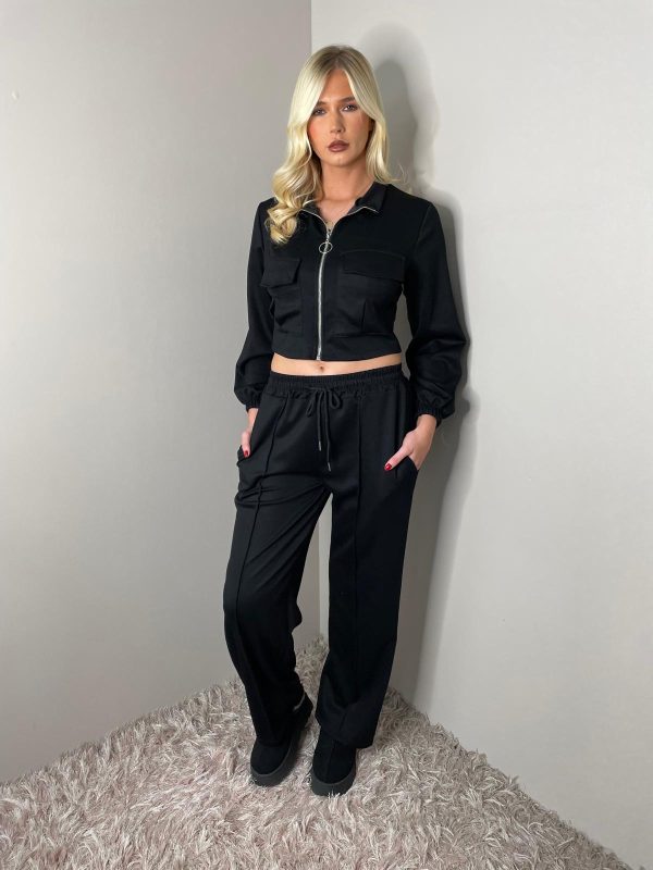 LONG SLEEVE BOMBER JACKET ZIP UP WIDE LEG TROUSER SET - Image 6