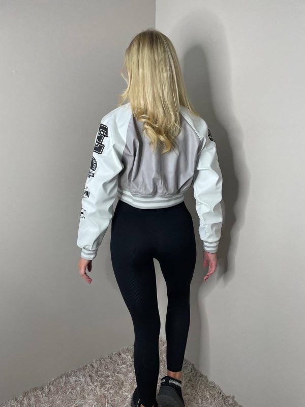 LA FAUX LEATHER CROPPED CONTRAST VARSITY BOMBER JACKET - Image 8