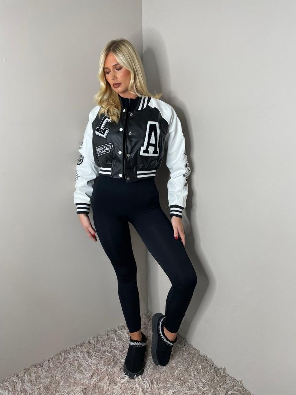 LA FAUX LEATHER CROPPED CONTRAST VARSITY BOMBER JACKET - Image 6