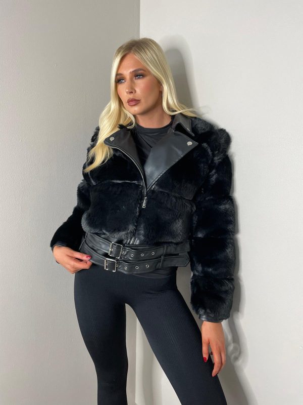 Cropped Faux Fur Jacket with Belt
